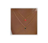 Dervivea Boho Layered Enamel Heart Necklace Red Black Heart Pendant Necklace Tiny Love Heart Chokerr Necklace Red Heart Shape Necklace Double Layer Gold Necklace Jewelry for Women