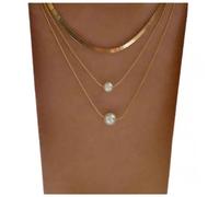 Dervivea Boho Layered Pearl Necklace Flat Herringbone Chain Necklace Floating Pearl Choker Necklace Gold Snake Bone Necklace Chain Jewelry for Women and Girls