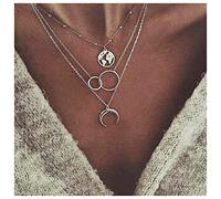 Dervivea Boho Layered World Map Necklace Moon Crescent Pendant Necklace Open Circle Choker Necklace Vintage Silver Interlocking Circle Necklace Chain Jewelry for Women and Girls