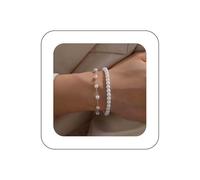Dervivea Boho Pearl Beaded Bracelet Chain Gold Pearl Link Chain Bracelet White Pearl Hand Chain Bracelet Elastic Pearl Strand Bracelet Jewelry for Women 2 Pcs(Pearl Style)