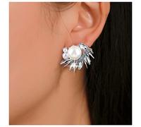 Dervivea Boho Pearl Rhinestone Earrings Cz Cluster Stud Earrings Silver Pearl Earrings Vintage Crystal Earrings Jewelry for Women and Girls