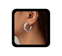 Dervivea Boho Round Hoop Earrings Chunky Twisted Hoop Earrings Twist Rope Open Hoop Earrings Polished Silver Half Hoop Earrings Jewelry for Women