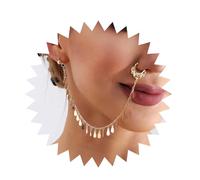 Dervivea Boho Sequins Nose To Ear Chain Gold Sequins Nose Ring Sequins Tassel Nose Pins Sequins Clip On Nose Ring Non Pierced Nose Ring Hoop Chain Dance Party Nose Indian Jewelry for Women(Sequins)