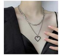 Dervivea Punk layered Heart Necklace Hollow Heart Pendant Necklace Silver Paperclip Chain Necklace Double Layer Open Heart Choker Necklace Jewelry for Women and Girls