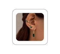 Dervivea Vintage Green Crystal Earrings Set for Women Gold Cz Ear Cuff Earrings Emerald Leaf Stud Earrings Square Emerald Hoop Earrings Emerald Gemstone Dangle Earrings 3 PCS