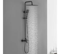 DERW Black Shower Mixer Set - 10" Square Rainfall Head & Handheld Shower, Solid Brass Valve, Ceramic Cartridge, 124cm Shower Riser Rail, 1.5m Anti-Tangle Hose, Fit for UK Bathrooms