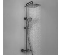 DERW Black Thermostatic Shower Mixer Set, 12" Rain Shower Head and 5-Mode Handheld Shower, 124cm Shower Riser, Thermostatic Shower Mixer Bar (Solid Brass) for UK Hard Water, Easy Installation