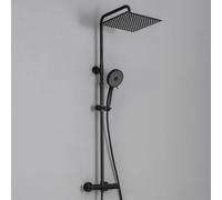 DERW Black Thermostatic Shower Mixer Set - 12" Square Mirror Ultra-Thin Rainfall Head, 5-Mode Round Handheld Shower, Solid Brass Thermostatic Mixer, 124cm Shower Riser Rail, Fit for UK Bathrooms