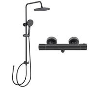 DERW Black Thermostatic Shower Set, 10" Round Rain Shower Head and 4 Function Handheld Shower, 65-110cm Height Adjustable Rail, Anti-Scald, Anti-Corrosion, Easy Fit Old Holes