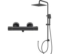DERW Black Thermostatic Shower Set, 10" Square Rain Shower Head and Single Function Handheld Shower, 65-110cm Height Adjustable Rail, Anti-Scald, Anti-Corrosion, Easy Fit Old Holes