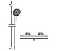 DERW Shower Riser Kit with Thermostatic Shower Mixer Valve, 70cm Shower Slide Bar with 5 Modes Shower Head, Height Adjustable & 360° Rotatable, Stainless Steel Anti-Corrosion, Easy Fit Old Holes