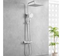 DERW Thermostatic Shower Mixer Set, 12" Rain Shower Head and 5-Mode Handheld Shower, 124cm Shower Riser, Thermostatic Shower Mixer Bar (Solid Brass) for UK Hard Water, Easy Installation (Chrome)