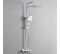 DERW Thermostatic Shower Mixer Set - 12" Square Mirror Ultra-Thin Rainfall Head, 5-Mode Round Handheld Shower, Solid Brass Thermostatic Mixer, 124cm Shower Riser Rail, Fit for UK Bathrooms (Chrome)