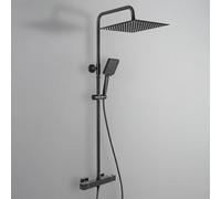 DERW Thermostatic Shower Mixer Set with 12" Square Rainfall Shower Head(304 Stainless Steel), 6 Modes Square Shower Head with Rotating Bracket, Anti-Leak Hose, Anti-Scald,Easy Install (Black)
