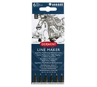 Derwent Black Line Maker Pens, Set of 6, Fine Liners, Mixed Nib Size, Fast-Drying Ink, Ideal for Sketching, Writing, Illustrating and Colouring, Professional Quality, 2305559