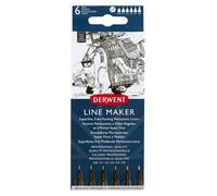 Derwent Black Line Maker Pens, Set of 6, Fine Liners, Mixed Nib Size, Fast-Drying Ink, Ideal for Sketching, Writing, Illustrating and Colouring,