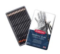 Derwent Graphic Pencils 12 Tin - Drawing & Sketching Soft, Medium or Hard Set