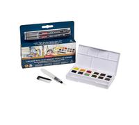 Derwent Line and Wash Mixed Media Paint Set, 12 Half Pan with Line Makers | Specially selected paint palette in a variety of textures to wash over permanent line work. Ideal for urban sketching.