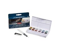 Derwent Metallic Paint Pan Set for Arts & Crafts - 12 Half Pans | Metallic watercolour paint set with shimmering pastel colours for painting, calligraphy, card making and journaling