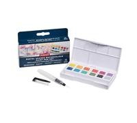 Derwent Pastel Shades Paint Pan Set for Arts & Crafts, 12 Half Pans | Gouache style pigmented paint palette in soft and playful pastel shades for soft, delicate,atmospheric effect