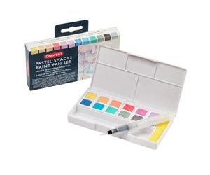 Derwent Pastel Shades Paint Set, Set of 12 Assorted Pastel Paint Pans, Includes Mini Waterbrush, 5 x Mixing Palettes, 1 x Sponge, Portable Paint Set, 2305865
