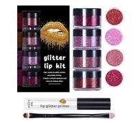 Derwrtup Lip Glitter - Long Lasting with Primer and Brush - Shiny Makeup Set for Women as a Gift for Wedding Halloween Party Christmas Family Party