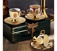 derya home Nigah Porcelain Espresso Cup Set, Turkish Coffee Cup Set of 6, Cups and Saucers (3 Oz) Gold Patterned Cups - Mixed color