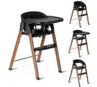 Deryan Baby & Toddler High Chair - Compact Foldable Highchairs, Adjustable Height, Comfortable Chair & Table, Removable & Adjustable Tray, 6 Months Till 50kg (Black/Wood)
