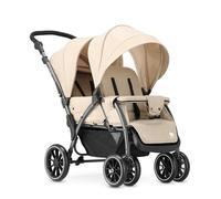 Deryan Elena Duo Tandem Double Pushchair - Baby & Toddler Tandem Pushchair with Raincover, Suitable from Birth to Approx. 3 Years (30kg), Compact & Foldable, 5-Point Harness, Nougat