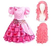 Descendants of the Princess 4: The Rise of the Girl, Red Queen Costume with Pink Wig for Children, Halloween Red Costume for Girls Aged 3-11years - (7-8years old)