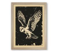 Descending Barn Owl Vintage Framed Wall Art Print A4 (29.7×21cm) Oak, Wall Decor for Living Room, Bedroom, Office & Home, Ready to Hang, Art Gift
