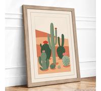 Desert Cacti Landscape Minimalist Framed Wall Art Print A2 (59.4×42cm) Oak, Wall Decor for Living Room, Bedroom, Office & Home, Ready to Hang, Art Gift