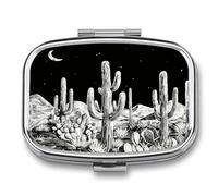 Desert Cactus Moon Midnight Pill Box 2-Compartment Portable Pill Case Square Metal Medication Organizer Small Weekly Medication Case with Mirror Stylish Vitamin Holder for Purse Pocket Travel