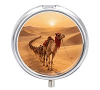 Desert Camel Train Pill Box 3 Compartment Round Metal Pill Organizer Portable Mini Travel Medicine Case with Mirror Cute Medicine Container Holder for Pocket Purse