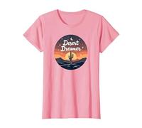 Desert Dreaming: Enchanting Sunset Cactus Landscape Art T-Shirt, Women, Pink, XS