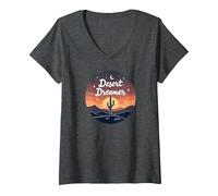 Desert Dreaming: Enchanting Sunset Cactus Landscape Art V-Neck T-Shirt, Women, Dark Heather Grey, M