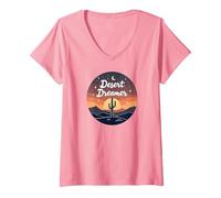 Desert Dreaming: Enchanting Sunset Cactus Landscape Art V-Neck T-Shirt, Women, Pink, XXL