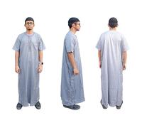 Desert Dress SS Checked Shirt Jacket Men's Casual Long Thobes Muslim Robe with Long Sleeves, Half Zip, Jubba Thobe Pocket, Button Collar, Thobe Linen Shirt Men's Short Sleeve (Blue, 60)