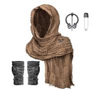 Desert Hooded Shawl with Viking Brooch & Punk Gloves, Medieval Shoulder Cape Costume for Renaissance Fair Halloween, Brown, One Size