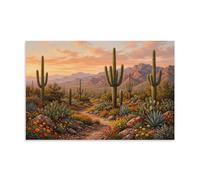 Desert Landscape Cactus Sunset Canvas Poster Wall Art Print, Southwest Saguaro Mountain Scenery Vintage Oil Painting Home Decor 08x12inch