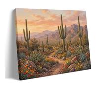 Desert Landscape Cactus Sunset Canvas Poster Wall Art Print, Southwest Saguaro Mountain Scenery Vintage Oil Painting Home Decor 12x18inch