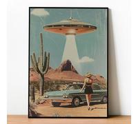 Desert Landscape Canvas Wall Art Flying Saucer Poster Alien Abduction Picture Retro 70's Style Desert Ufo Wall Art Vintage Western Pictures Retro Alien Poster Ufo Pictures for Wall 16x24inch No Frame