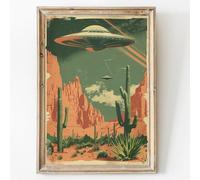 Desert Landscape Canvas Wall Art UFO Pictures Alien Abduction Poster Desert Cactus Prints Flying Saucer Picture Desert Mountains Painting Vintage UFO Artwork Desert Prints Large 16x24inch No Frame