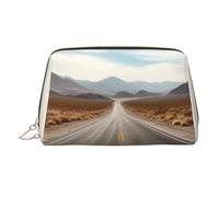 Desert Landscape Highway Makeup Bag for Women Cosmetic Bags Leather Travel Makeup Case Organizer Waterproof Make up Pouch Open Flat Toiletry Bag Portable Storage Pouch for Travelling, Gold, One Size