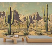 Desert Landscape Mural Southwest Cactus Wallpaper Vintage West Wall Mural Panoramic Office Reception Studio Backdrop Custom Photo Wallpaper (Non-self-Adhesive)