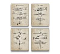 DESERT MERCANTILE World War 2 Fighter Plane Wall Art Prints - Set of 4 - 8x10 UNFRAMED US Military WW2 Themed Pictures. Vintage Blueprint Style and Appearance.