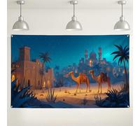 Desert Night Scene Backdrop, Camel Oasis Theme Party Decorations, Exotic Background for Photography Events, Ideal for Summer Celebrations 71x43 Inch