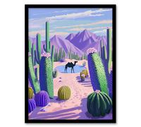 Desert Oasis Cacti Camel Purple Green Landscape Framed Art Print Artery8 Purple W12 inch x H16 inch
