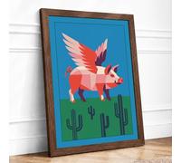 Desert Pig Takes Flight Modern Framed Wall Art Print A1 (84.1×59.4cm) Walnut, Wall Decor for Living Room, Bedroom, Office & Home, Ready to Hang, Art Gift
