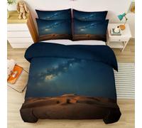 Desert Plants Starry Sky Bedding Single, Navy Blue Earth Brown Quilt Cover with Pillowcases, Minimalist Photography Soft Easy Care Microfiber Duvet Cover with Zipper
